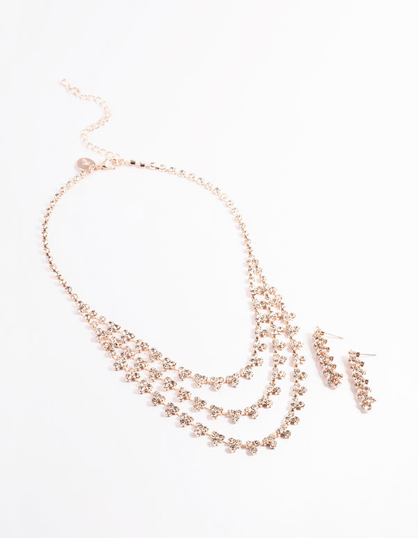 Rose Gold Trio Diamante Earring & Necklace Set