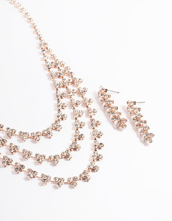 Rose Gold Trio Diamante Earring & Necklace Set