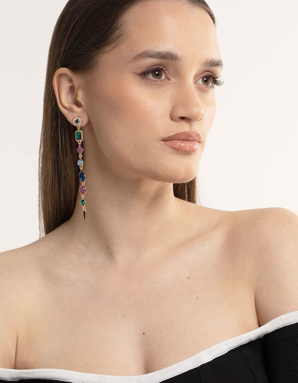 Gold Long Mixed Stone Drop Earrings