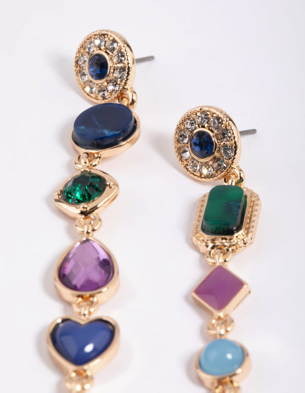 Gold Long Mixed Stone Drop Earrings