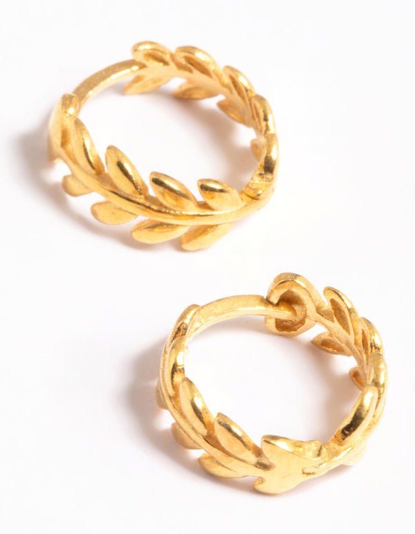 Gold Plated Sterling Silver leaf Detailed Huggie Earrings