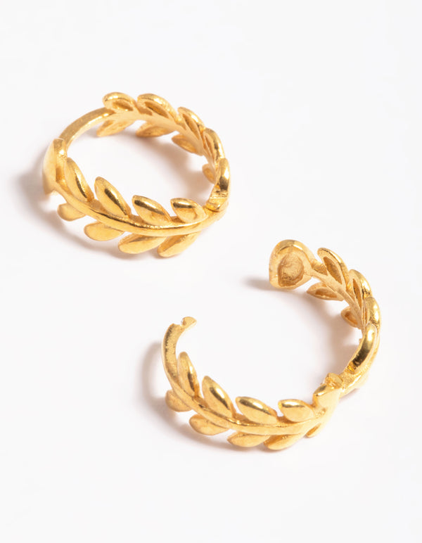 Gold Plated Sterling Silver leaf Detailed Huggie Earrings