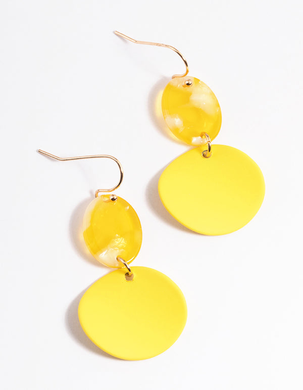 Gold Yellow Wrapped Disc & Bead Drop Earrings
