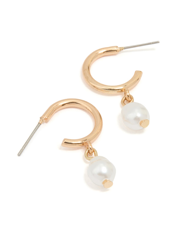 Gold Pearl Drop Huggie Earrings