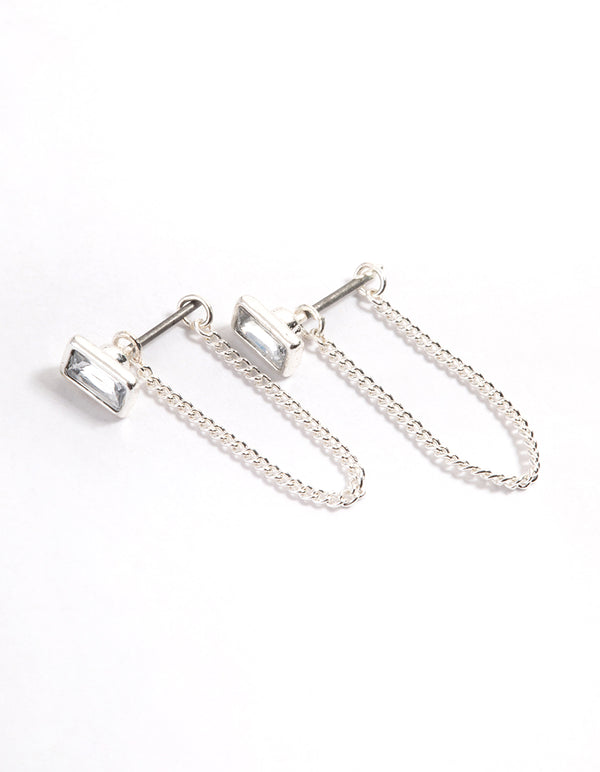 Silver Emerald Chain Front & Back Earrings