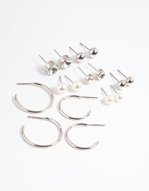 Silver Basic Stud & Hoop Earrings 8-Pack