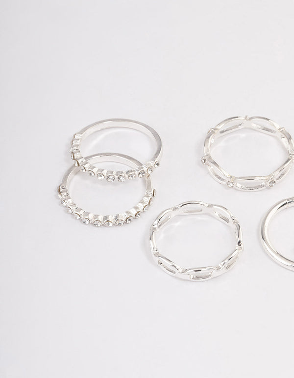 Silver Diamante Row Mix Ring 8-Pack