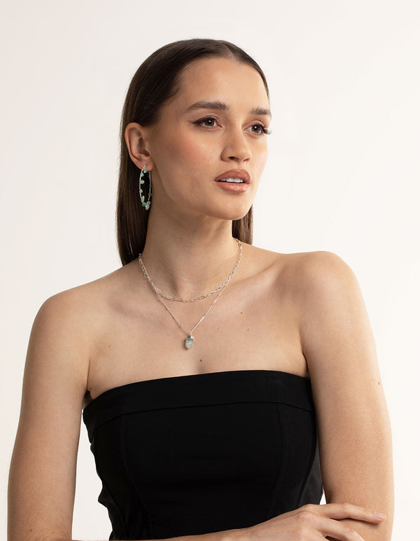 Silver Green Fluorite Shard Oval Layered Necklace