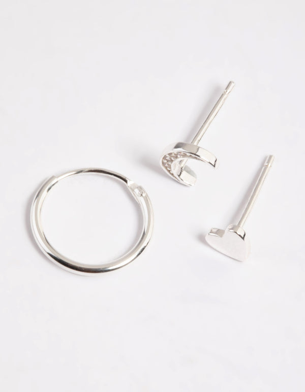 Sterling Silver Cubic Zirconia Heart & Moon Curated Ear Pack