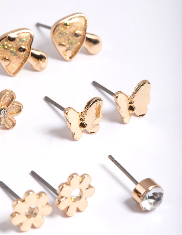 Kids Gold Glitter Mushroom Stud 6-Pack