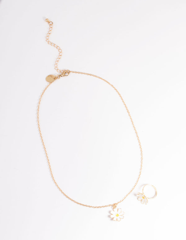 Kids White Daisy Necklace & Ring Set