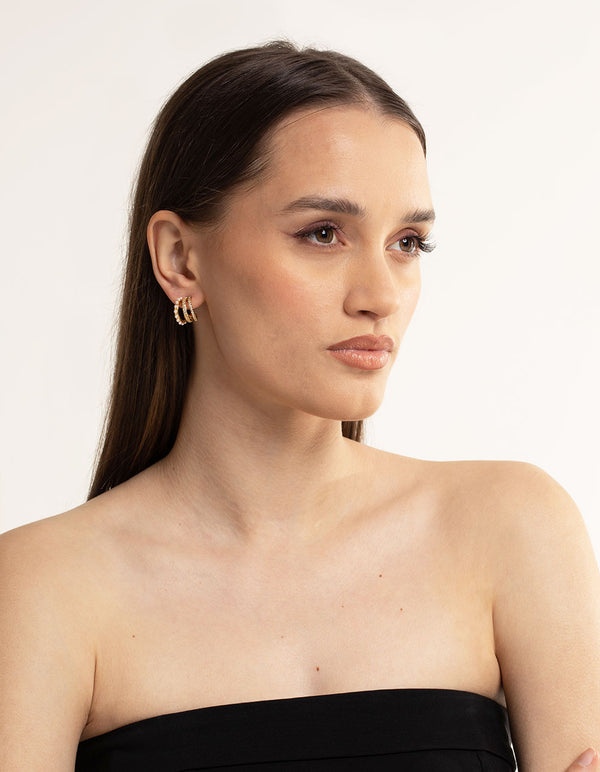 Gold Plated Cubic Zirconia Triple Row Hoop Earrings