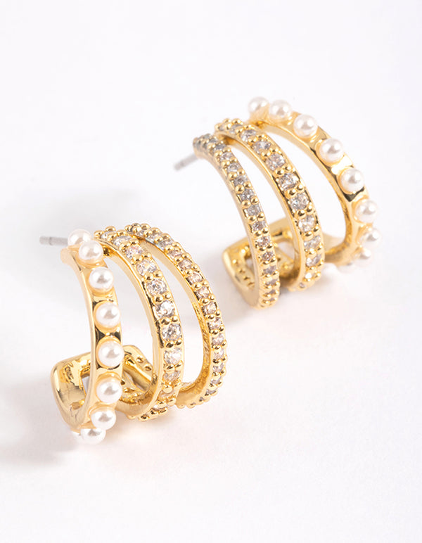 Gold Plated Cubic Zirconia Triple Row Hoop Earrings