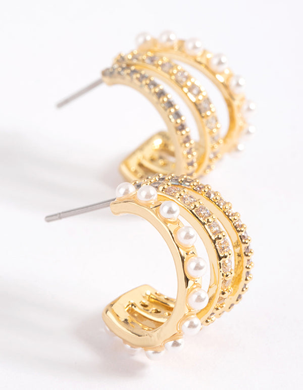 Gold Plated Cubic Zirconia Triple Row Hoop Earrings