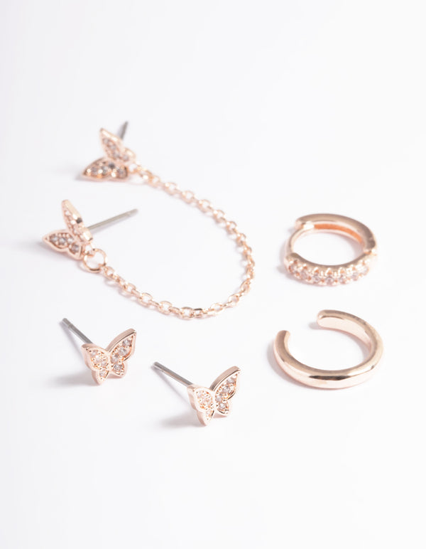 Rose Gold Plated Brass Butterfly Chain 5-Pack Earrings