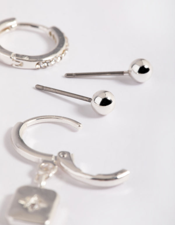 Silver Plated Brass Cubic Zirconia Celestial Stud Earrings 6-Pack