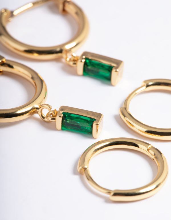Gold Plated Brass Emerald Huggie Earrings 6-Pack