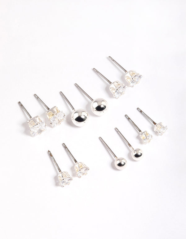 Silver Plated Cubic Zirconia Ball Stud Earrings 6-Pack
