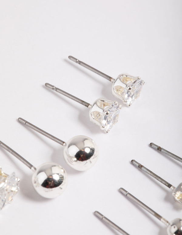 Silver Plated Cubic Zirconia Ball Stud Earrings 6-Pack