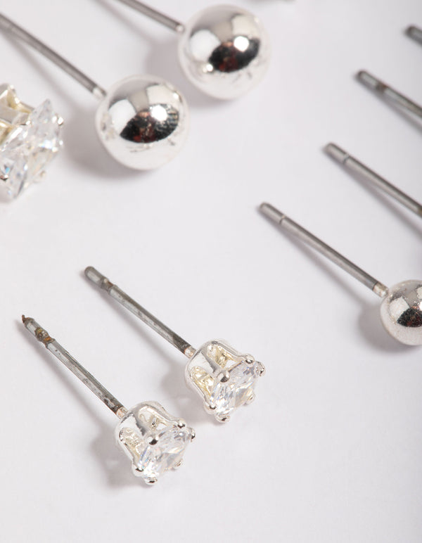 Silver Plated Cubic Zirconia Ball Stud Earrings 6-Pack
