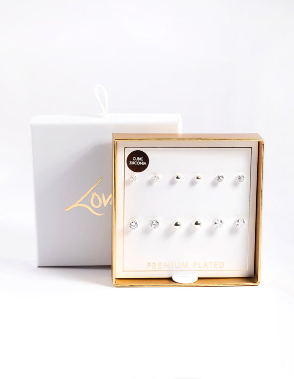 Silver Plated Cubic Zirconia Ball Stud Earrings 6-Pack