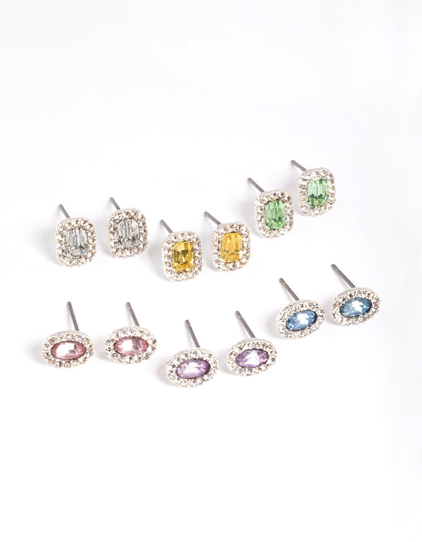 Silver Gem Halo Stud Earrings 6-Pack