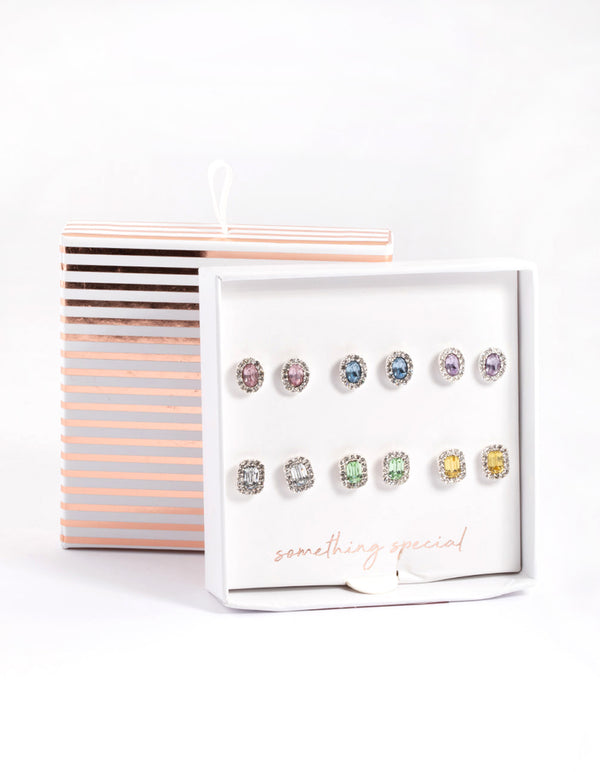 Silver Gem Halo Stud Earrings 6-Pack