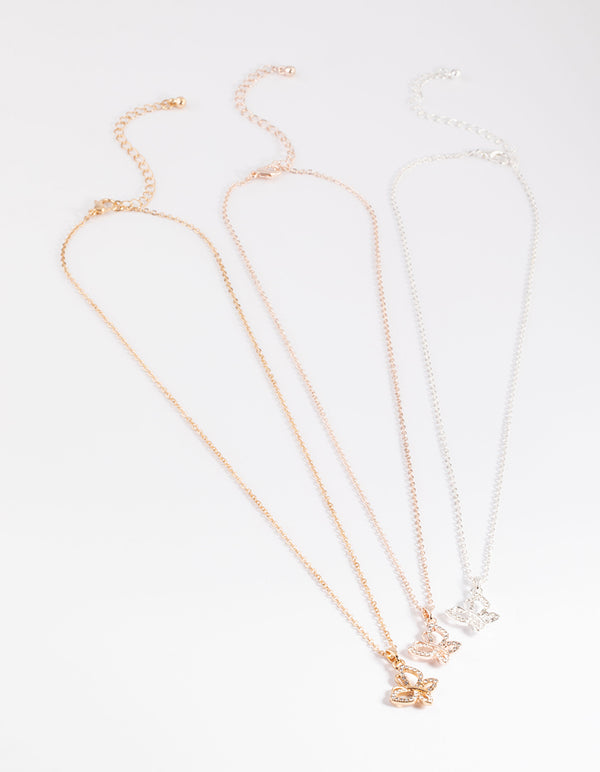 Mixed Metal Diamante Butterfly Necklace Pack