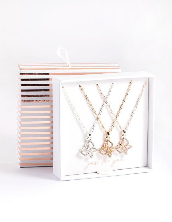 Mixed Metal Diamante Butterfly Necklace Pack