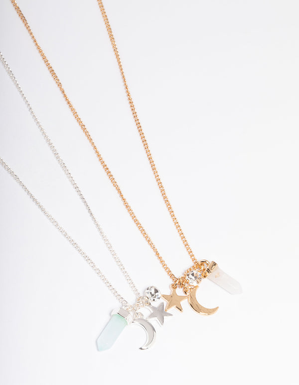 Mixed Metal Green Fluorite & Clear Quartz Charm Shard Necklace Pack