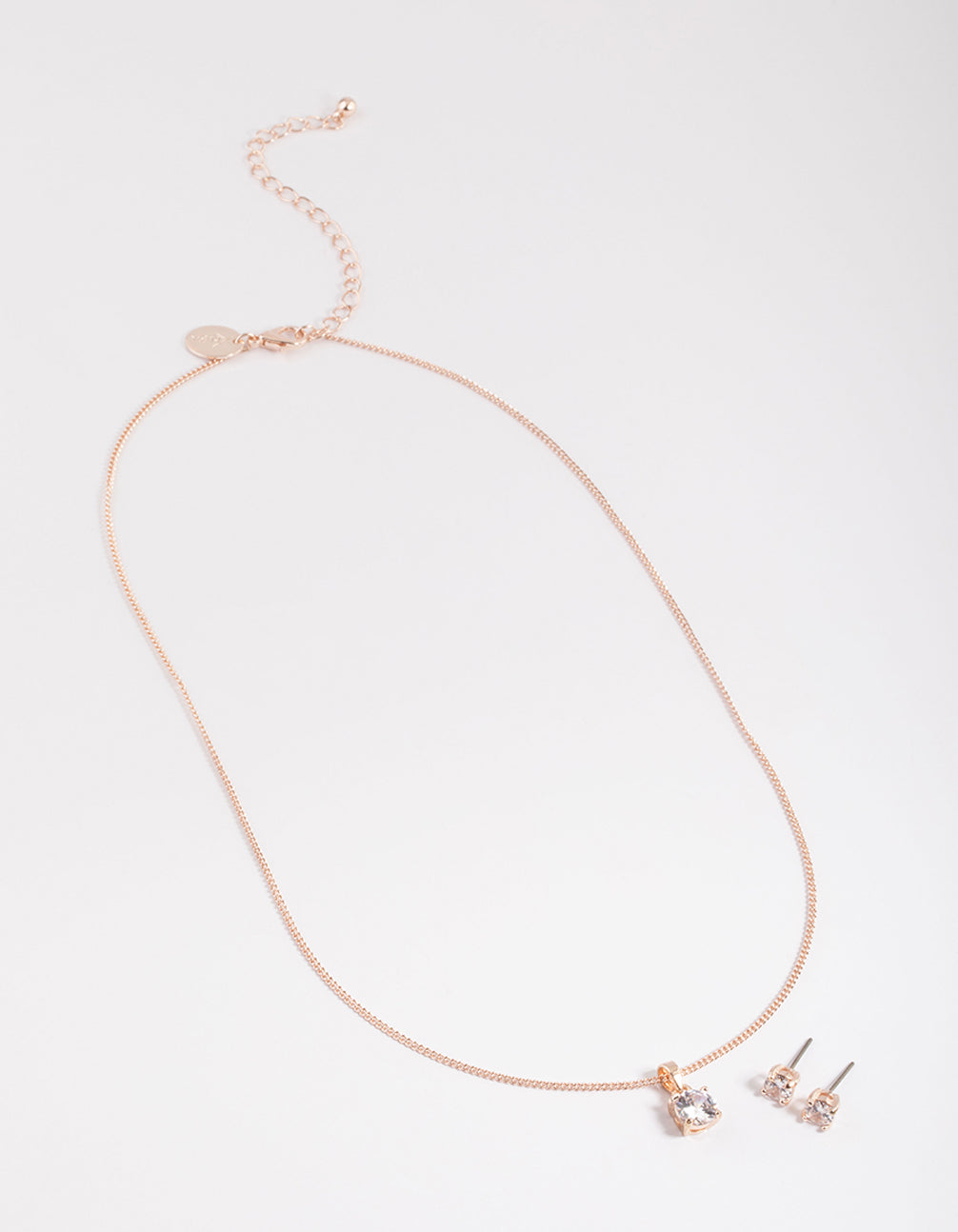 Rose Gold Cubic Zirconia Solitaire Necklace & Stud Earrings