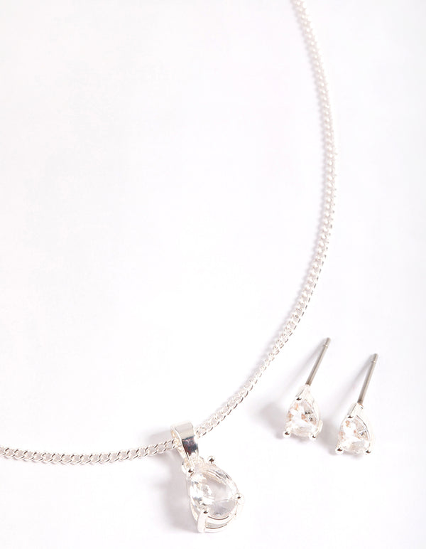 Silver Pear Solitaire Necklace & Stud Earrings