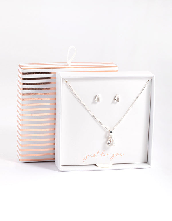 Silver Pear Solitaire Necklace & Stud Earrings