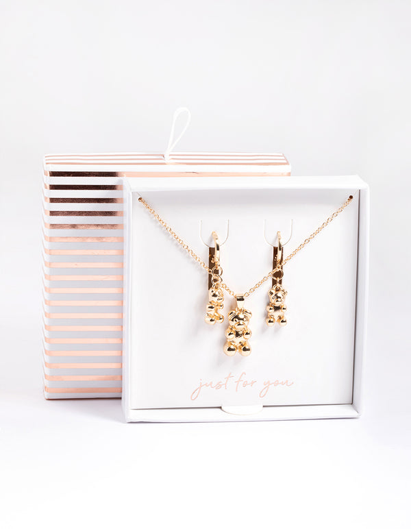 Gold Cute Bear Necklace & Huggie Earrings