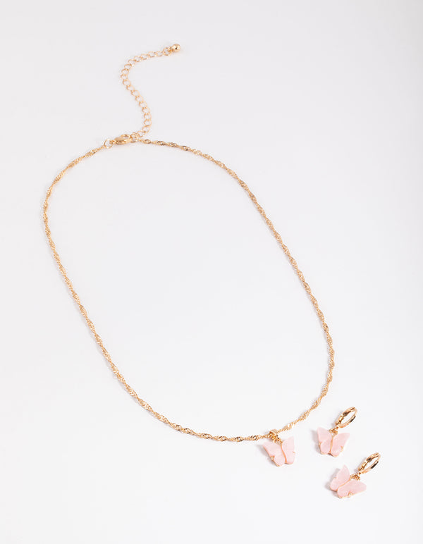 Gold Acrylic Butterfly Necklace & Butterfly Earrings