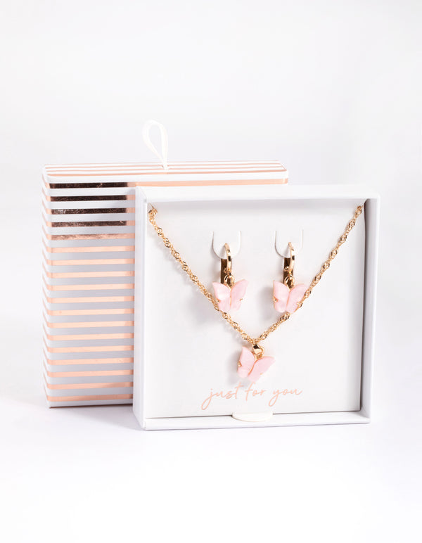 Gold Acrylic Butterfly Necklace & Butterfly Earrings