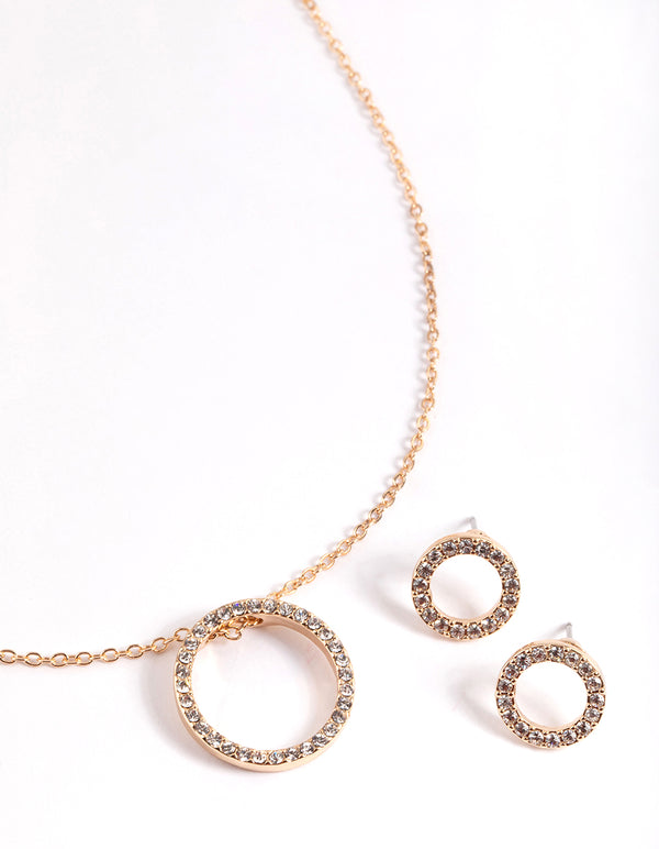 Gold Diamante Open Circle Necklace & Stud Earrings Set