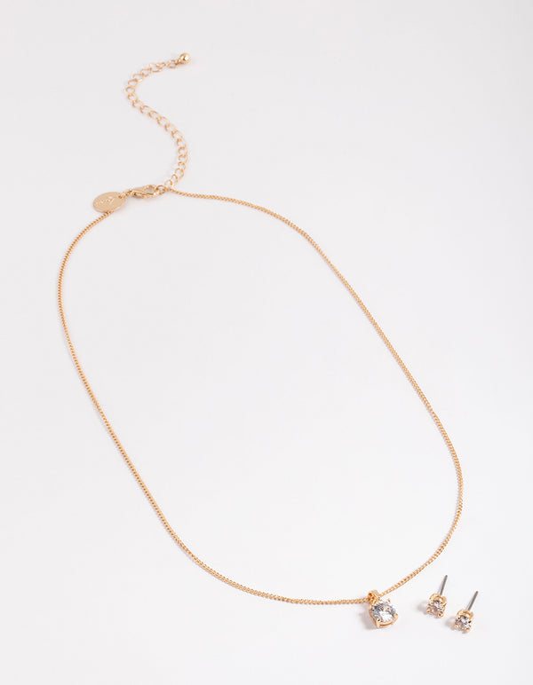 Gold Cubic Zirconia Solitaire Necklace & Stud Earrings