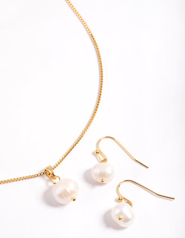 Gold Plated Freshwater Pearl Necklace & Drop Earrings Set
