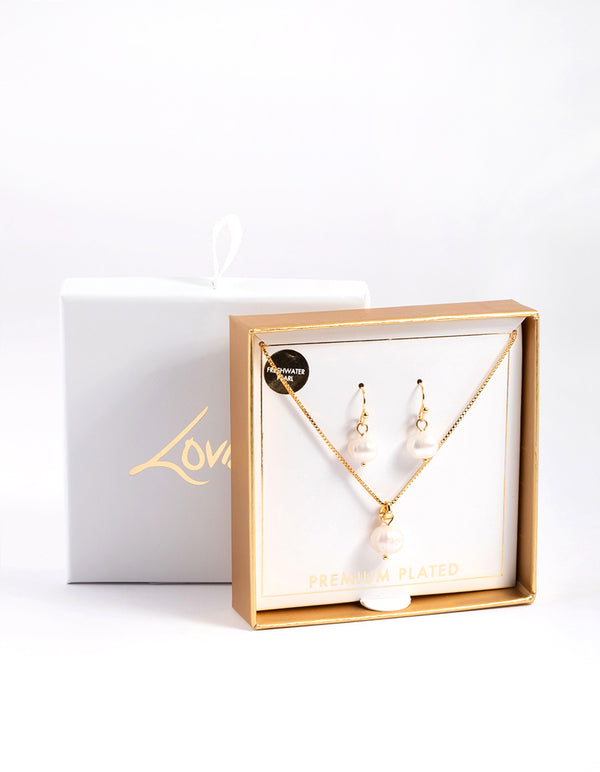 Gold Plated Freshwater Pearl Necklace & Drop Earrings Set