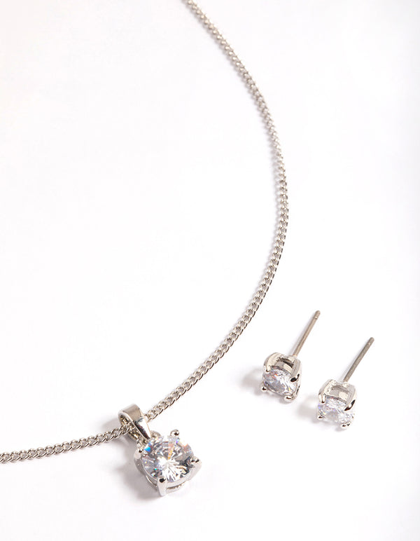 Silver Cubic Zirconia Solitaire Necklace & Stud Earrings