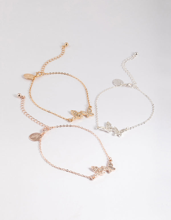 Mixed Metal Pave Butterfly Bracelet Pack