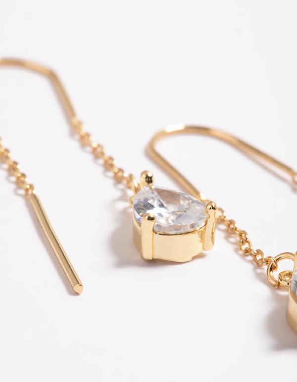Gold Plated Cubic Zirconia Teardrop Thread Earrings