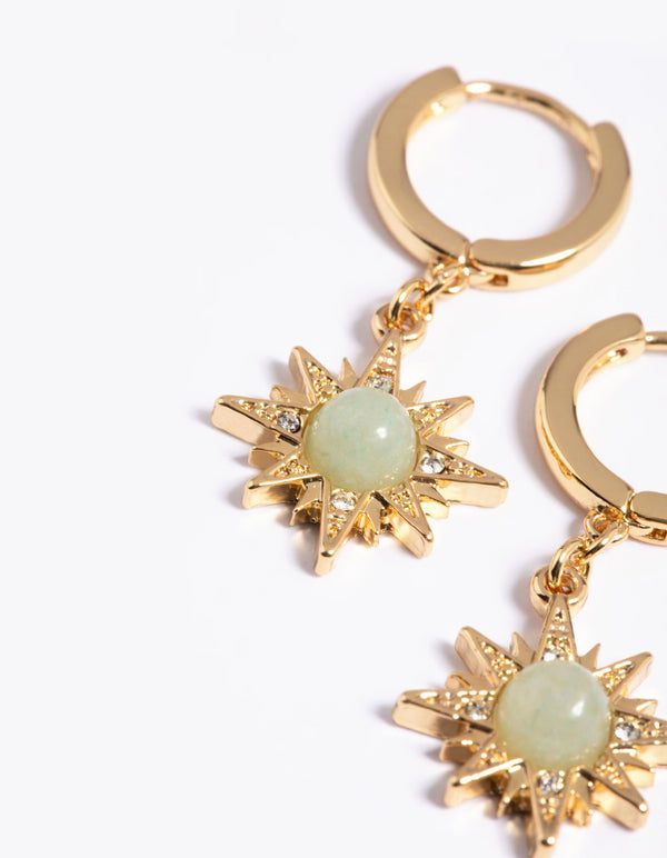 Gold Plated Green Semi Precious Sun Earrings