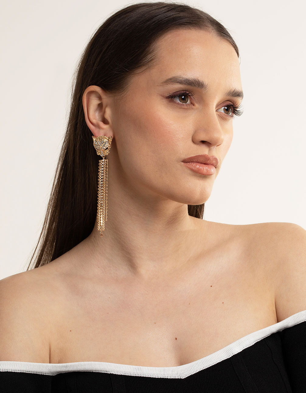 Gold Diamante Panther Cupchain Earrings