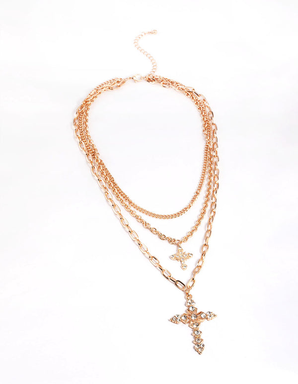 Gold Triple Row Mix Diamante Cross Necklace