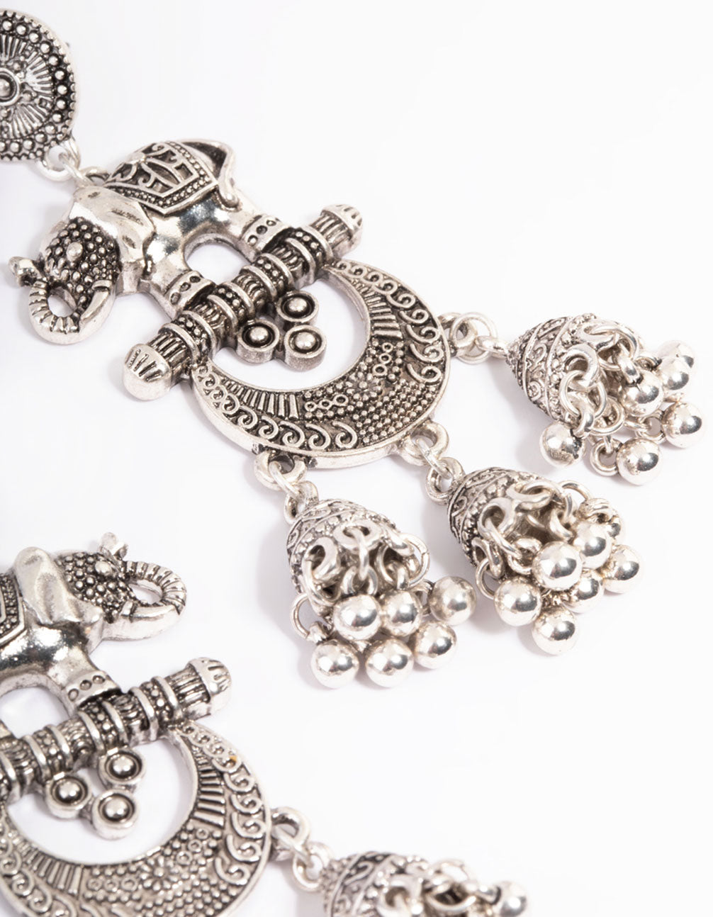 Long Antique Silver Elephant Jhumka Earrings