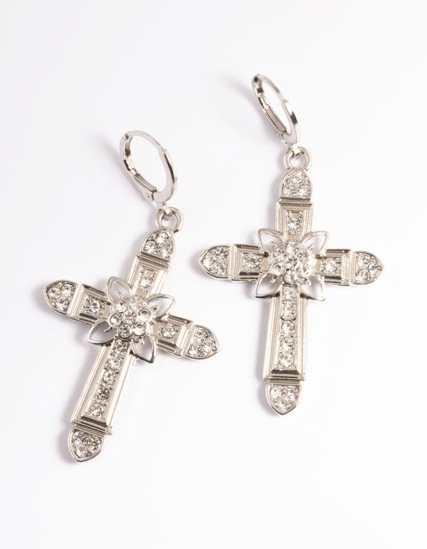 Rhodium Diamante Cross Huggie Earrings