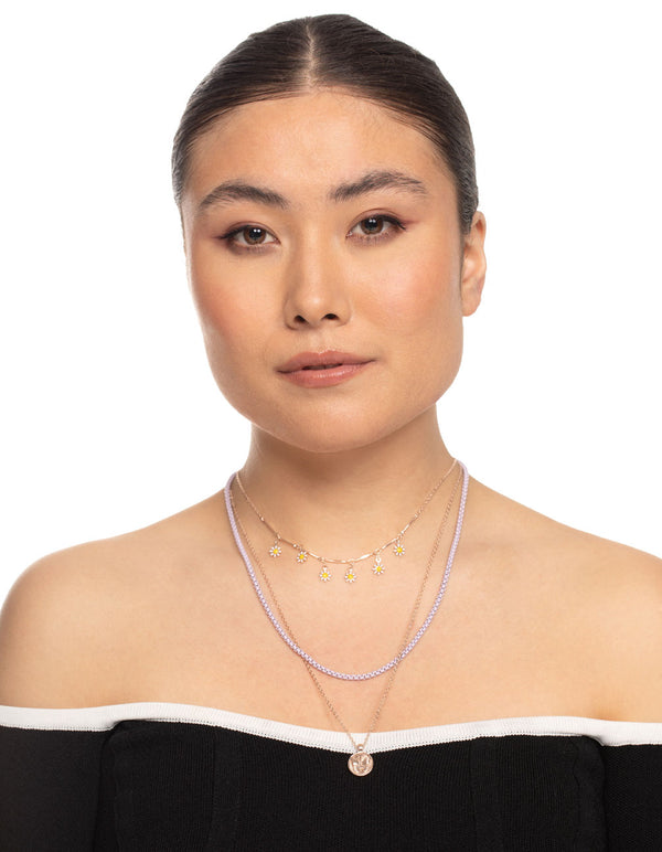 Rose Gold Daisy Butterfly Multi Row Necklace