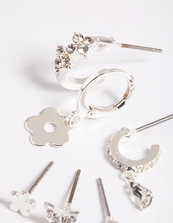 Silver Flower & Butterfly Earrings 6-Pack